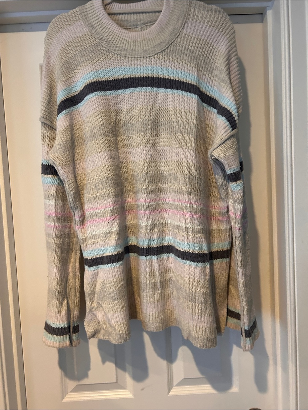 We The Free Cream Crewneck Sweater with Blue, Pink & Brown Stripes